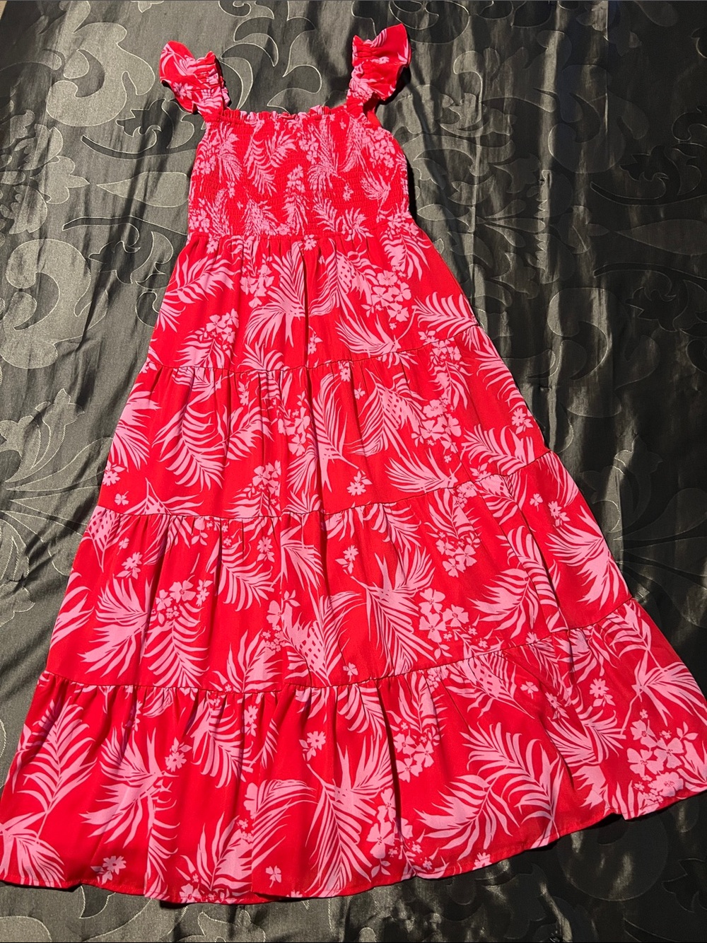 Poppies & Roses Tropical Floral Red Smocked Tiered Ruffle Maxi Dress Tween 12